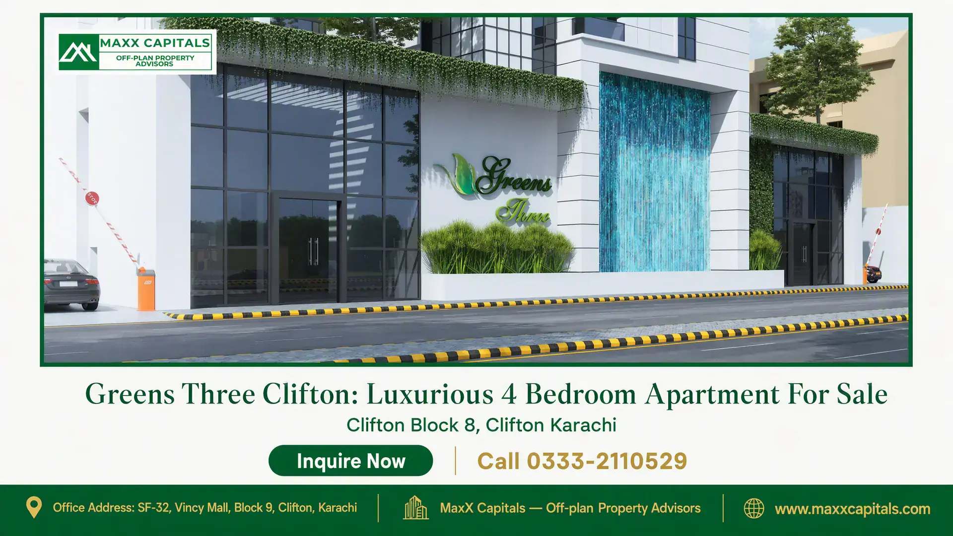 Greens Three Clifton: Luxurious 4 Bedroom Apartment For Sale Modern building exterior of Greens Three Clifton with glass facade, vertical garden, waterfall feature, and secure gated entr
