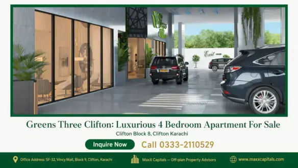 Covered parking area with luxury SUVs and glass-fronted lounge at Greens Three Clifton, Clifton Block 8, Karachi.