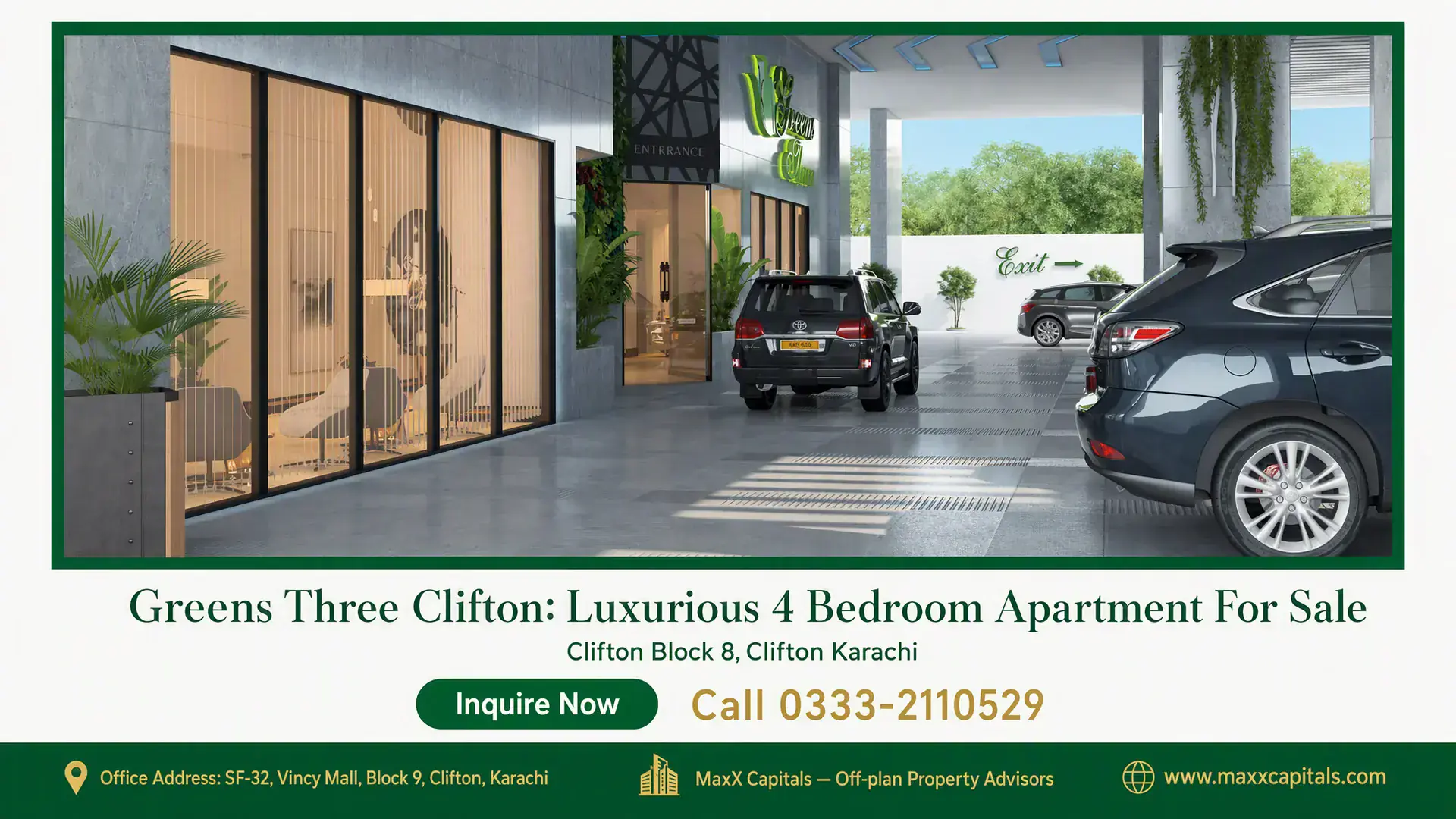 Greens Three Clifton: Luxurious 4 Bedroom Apartment For Sale Covered parking area with luxury SUVs and glass-fronted lounge at Greens Three Clifton, Clifton Block 8, Karachi.
