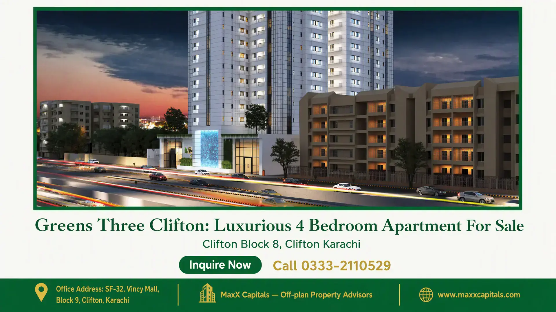 Greens Three Clifton: Luxurious 4 Bedroom Apartment For Sale Modern high-rise building with illuminated façade and landscaped entrance in Clifton at dusk, near other residential buildin