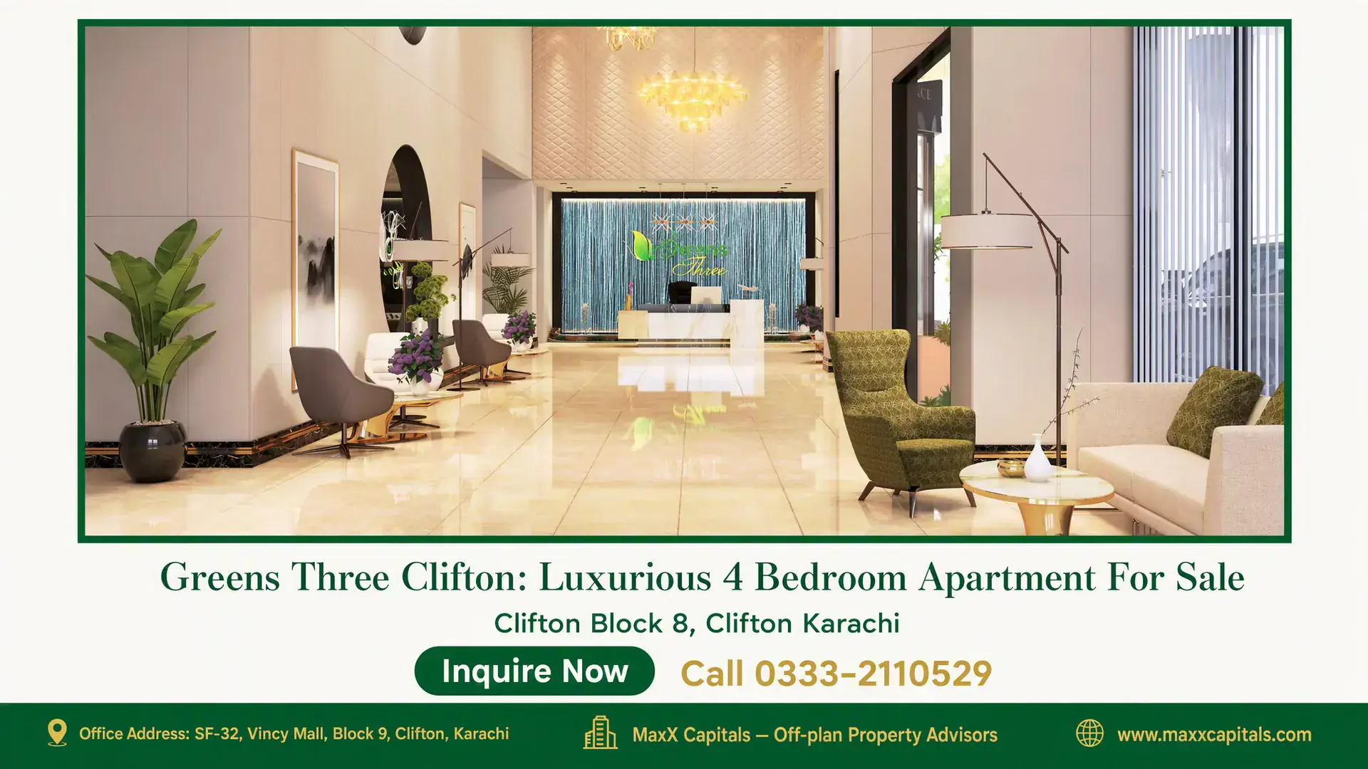 Greens Three Clifton: Luxurious 4 Bedroom Apartment For Sale Luxurious lobby with high ceilings, modern seating, statement lighting, and sleek marble flooring, part of Greens Three Clift