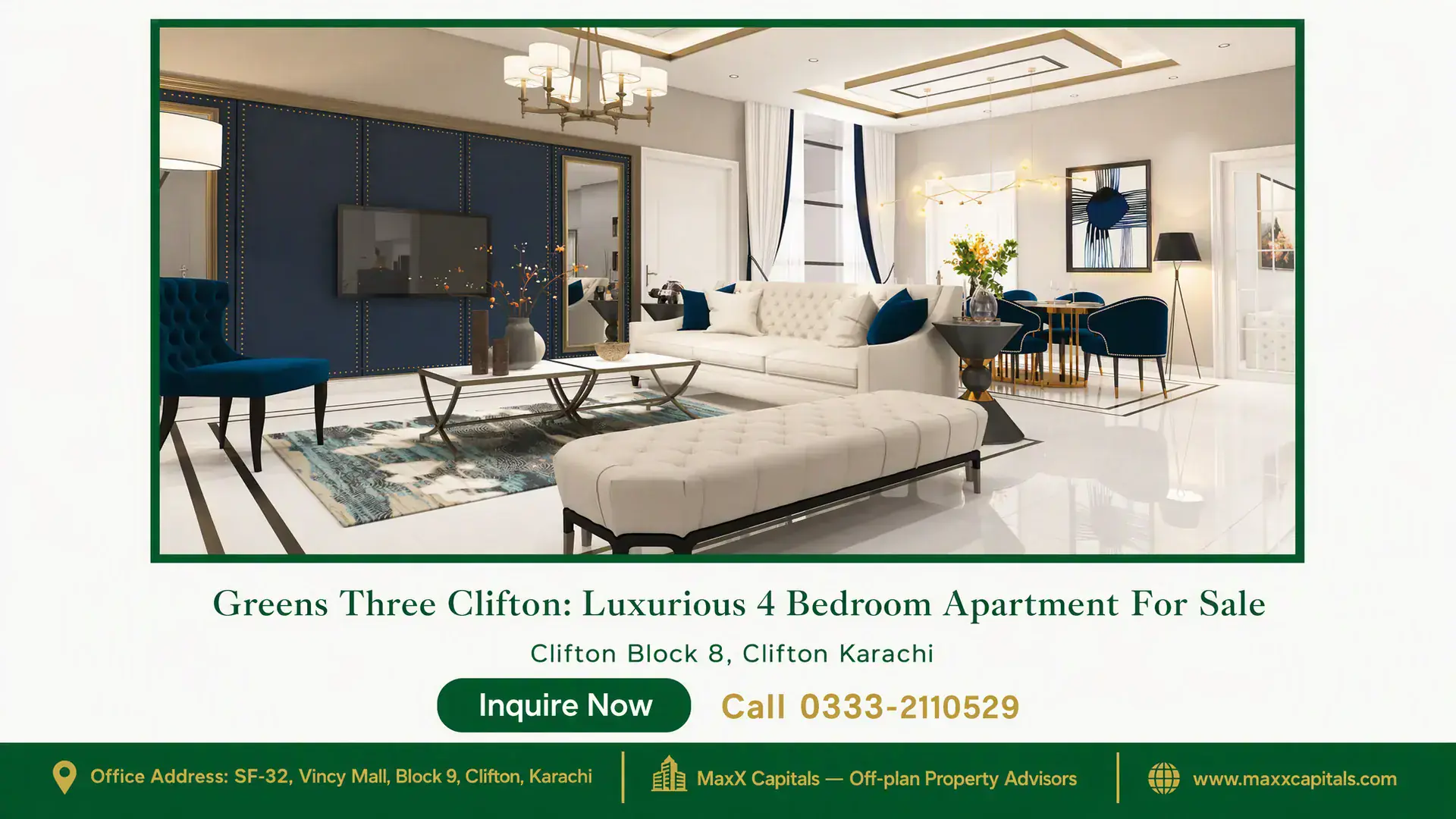 Greens Three Clifton: Luxurious 4 Bedroom Apartment For Sale Luxury living room with tufted white furniture, modern decor, and elegant blue accents in Greens Three Clifton apartment.