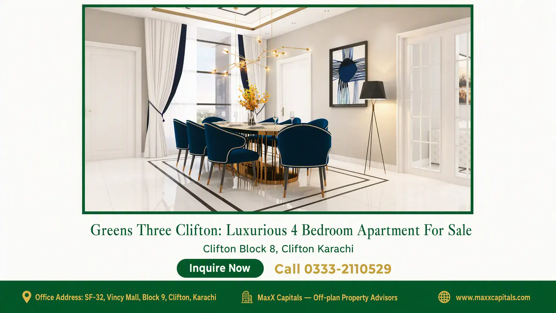 Greens Three Clifton: Luxurious 4 Bedroom Apartment For Sale Modern dining area with a sleek gold chandelier, velvet blue chairs, and marble floors in a luxurious apartment at Greens Thr