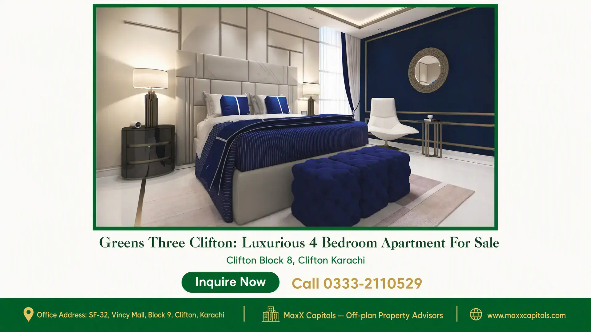 Greens Three Clifton: Luxurious 4 Bedroom Apartment For Sale Elegantly furnished bedroom with a modern upholstered bed, blue accents, tufted bench, and floor-to-ceiling window in Greens