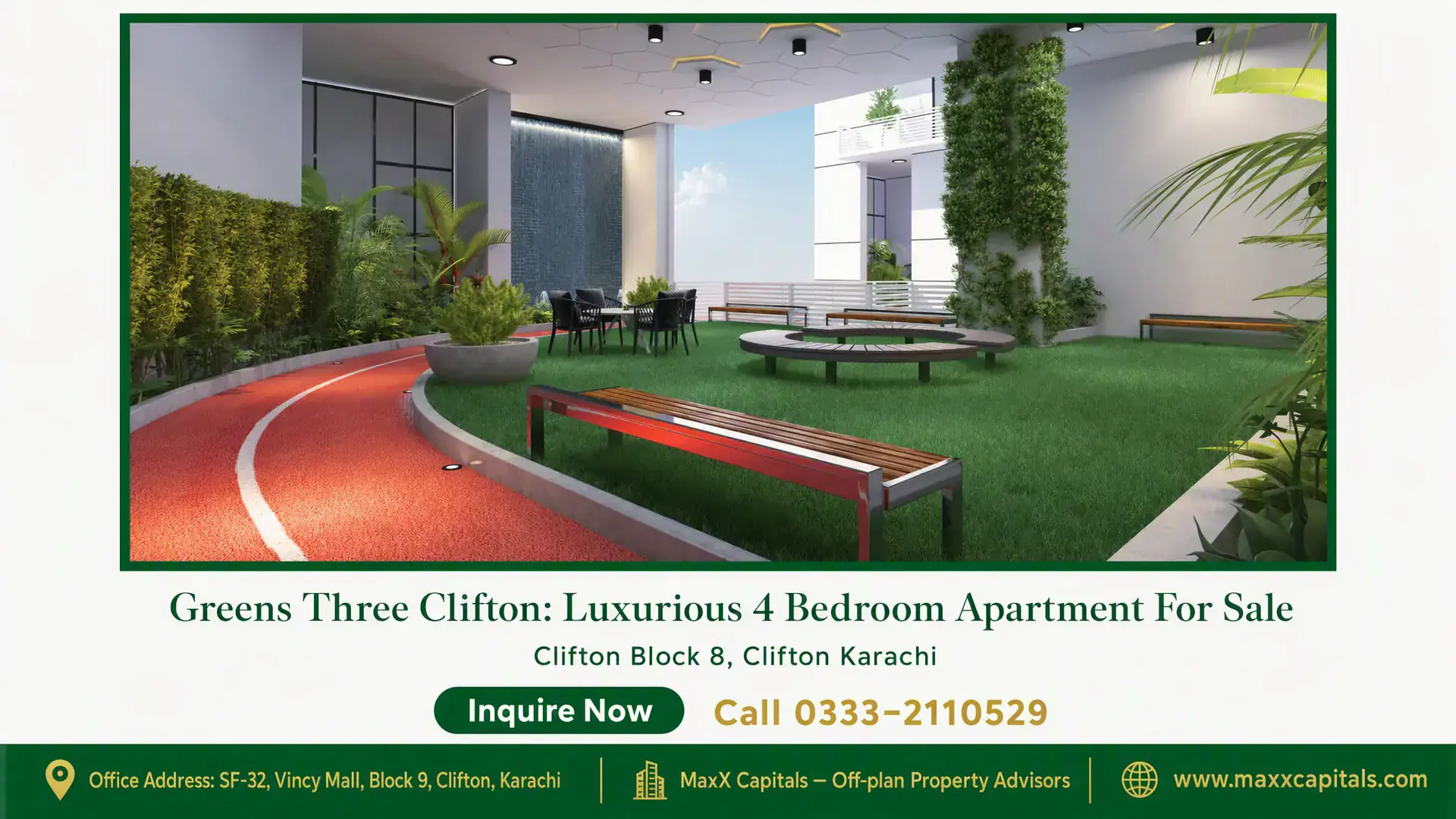 Greens Three Clifton: Luxurious 4 Bedroom Apartment For Sale Outdoor recreational area of Greens Three Clifton showcasing lush green landscaping, a jogging track, seating, and a water fe