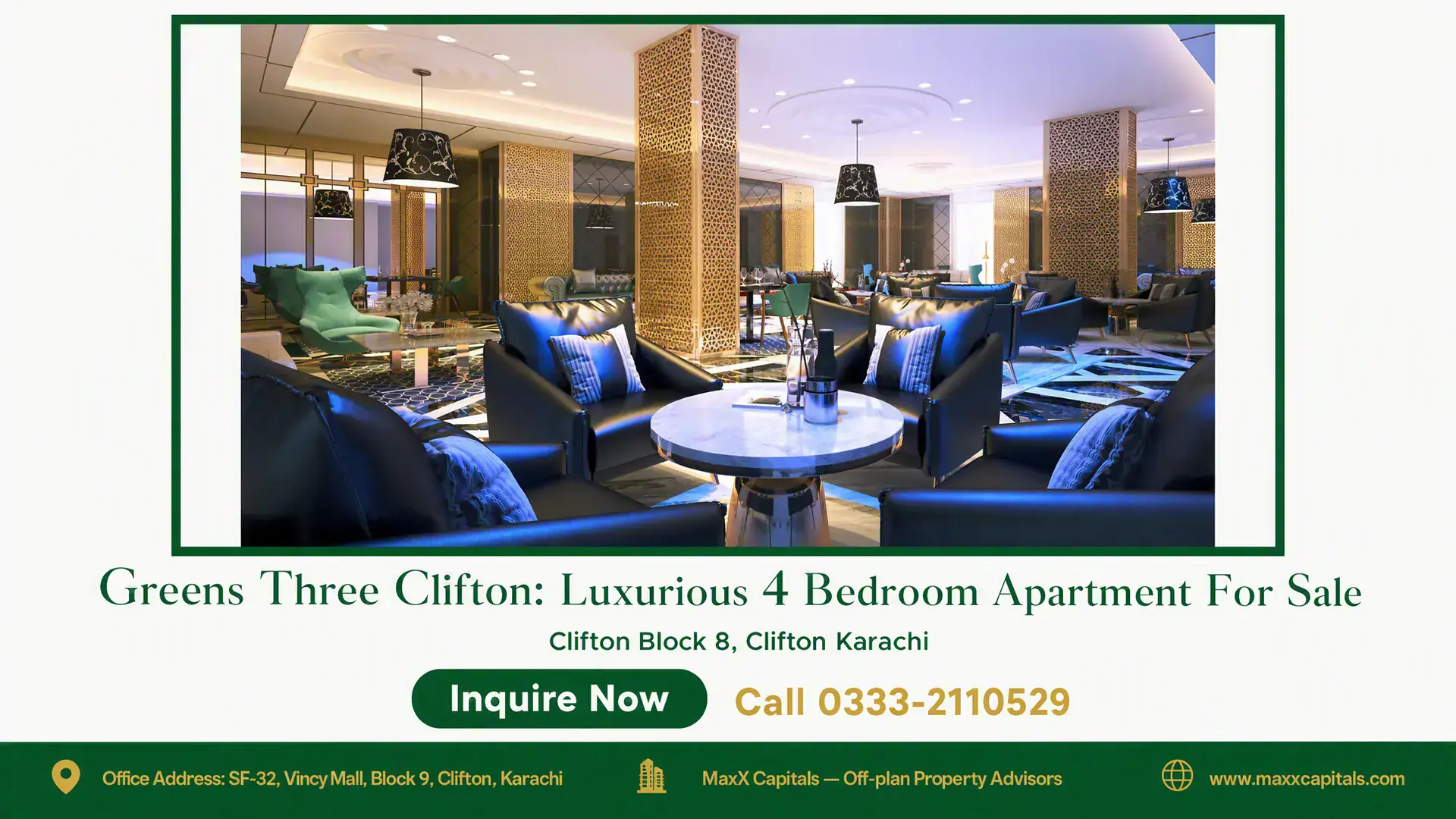 Greens Three Clifton: Luxurious 4 Bedroom Apartment For Sale Luxurious lounge area with plush leather seating, marble center tables, decorative screens, and ambient lighting at Greens Th
