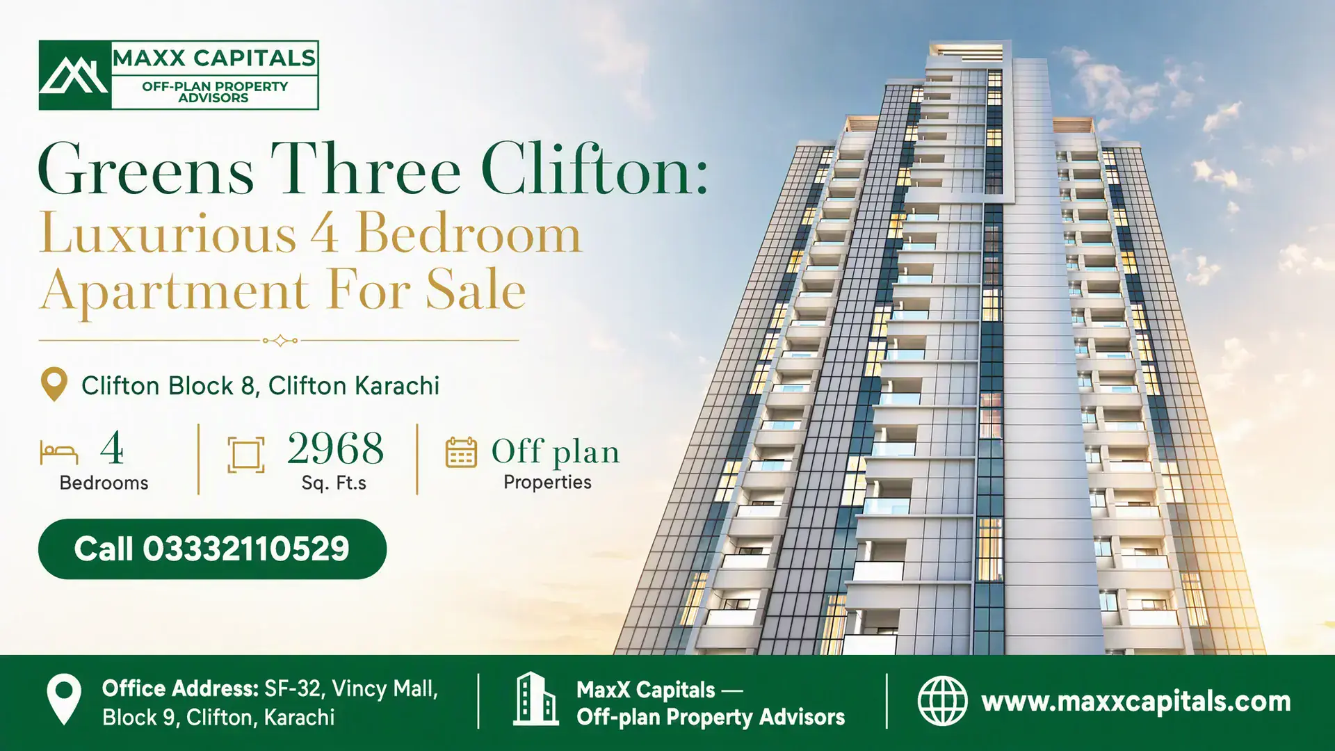 Greens Three Clifton: Luxurious 4 Bedroom Apartment For Sale Modern high-rise building of Greens Three Clifton with glass-paneled balconies against a clear sky, featuring luxurious apart