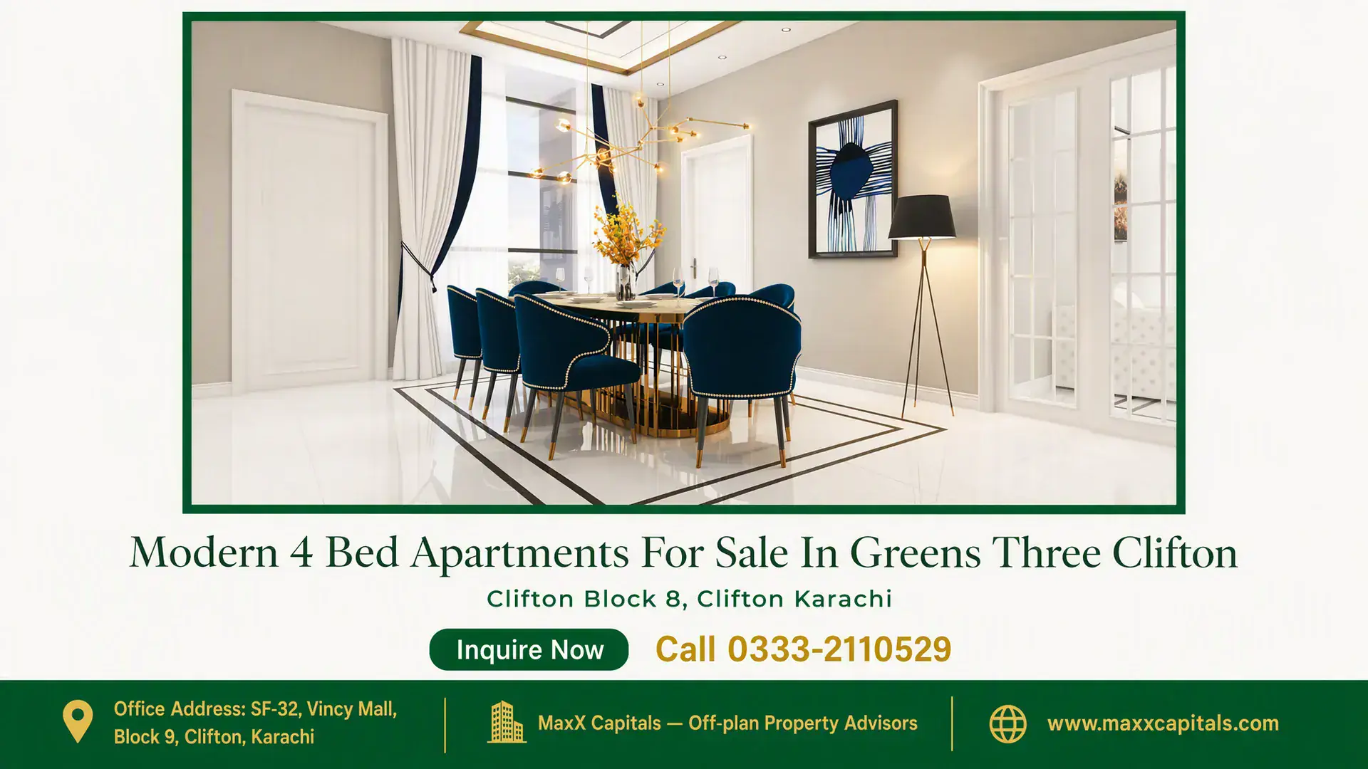 Modern 4 Bed Apartments For Sale In Greens Three Clifton Spacious dining area with modern blue chairs, gold accents, geometric chandelier, and large windows in a 4 bed apartment in G