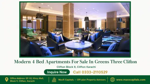 Spacious modern lounge with luxurious black seating, marble center tables, decorative panels, and elegant lighting in Greens