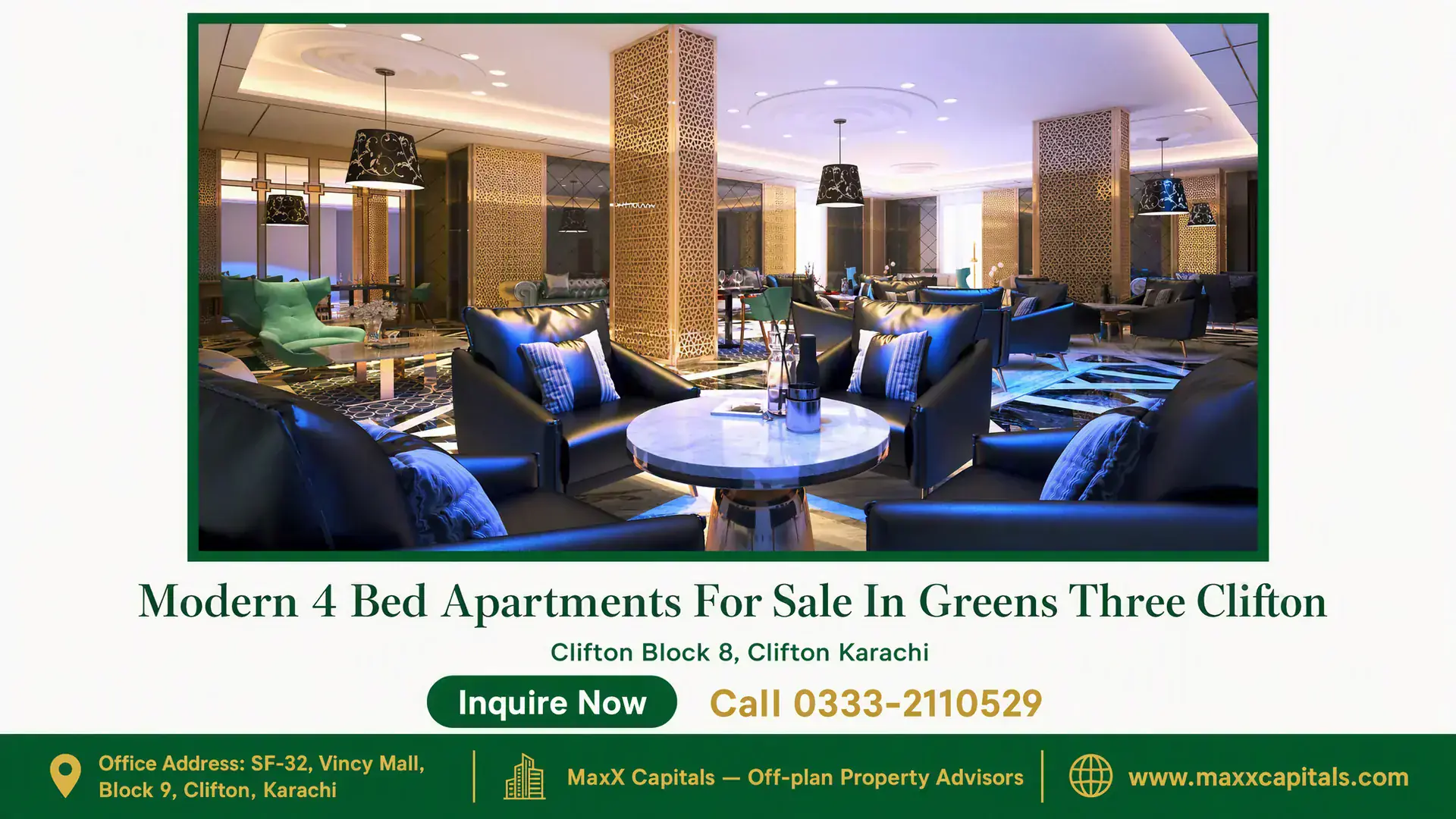 Modern 4 Bed Apartments For Sale In Greens Three Clifton Spacious modern lounge with luxurious black seating, marble center tables, decorative panels, and elegant lighting in Greens