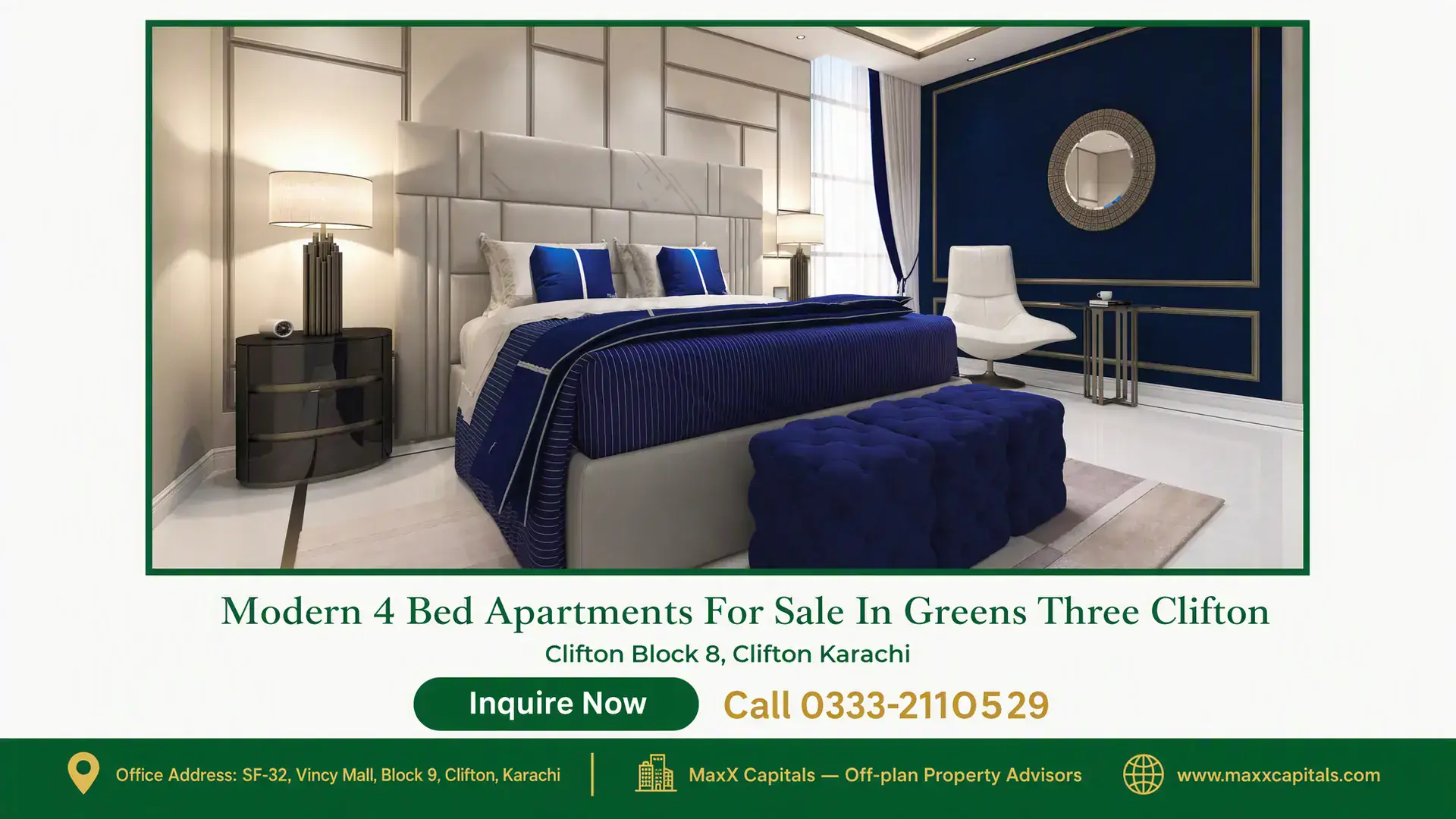 Modern 4 Bed Apartments For Sale In Greens Three Clifton Luxurious bedroom with modern decor, upholstered king bed, elegant side lamps, and blue accent furniture in Greens Three Clif