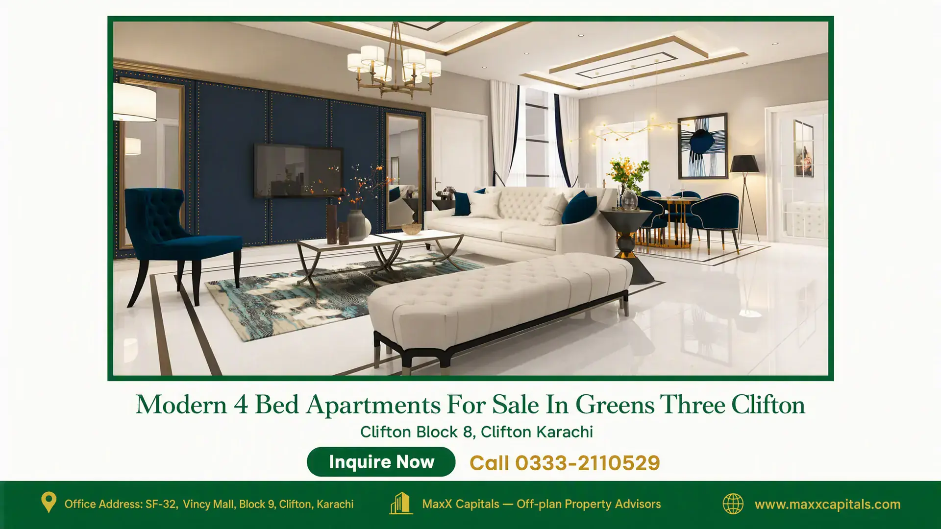Modern 4 Bed Apartments For Sale In Greens Three Clifton Luxury living room with white furniture, blue accents, modern lighting, and dining area in premium 4 bed apartments for sale
