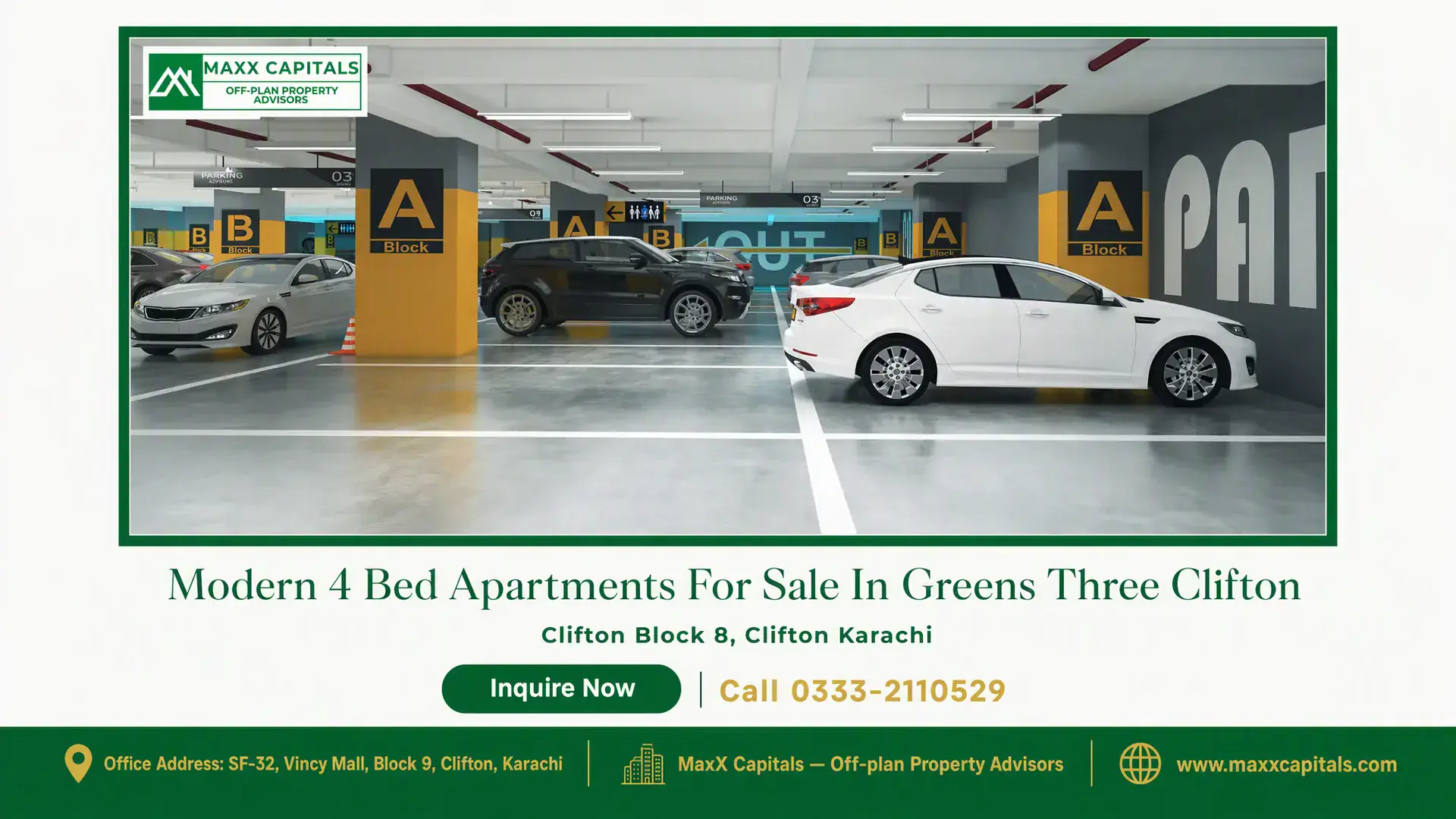 Modern 4 Bed Apartments For Sale In Greens Three Clifton Secure and spacious parking area with well-marked zones for A and B blocks in Greens Three Clifton 4 Bed Apartments.