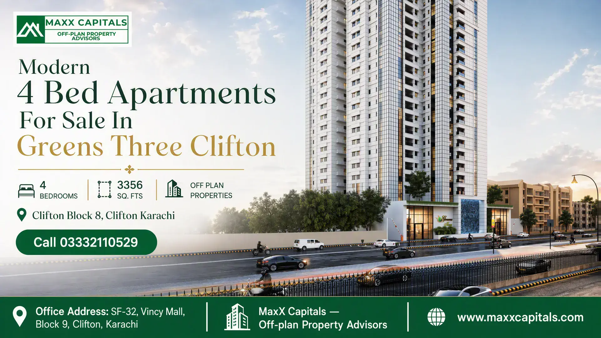 Modern 4 Bed Apartments For Sale In Greens Three Clifton Modern high-rise apartment tower in Clifton with a sleek facade and luxury design, showcased as part of Greens Three Clifton.