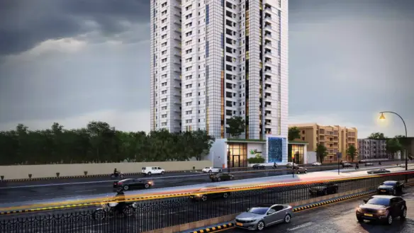 Modern 4 Bed Apartments High-Rise In Greens Three Clifton, Tall White Tower With Glass Facade, Trees, Entrance And Urban Stre