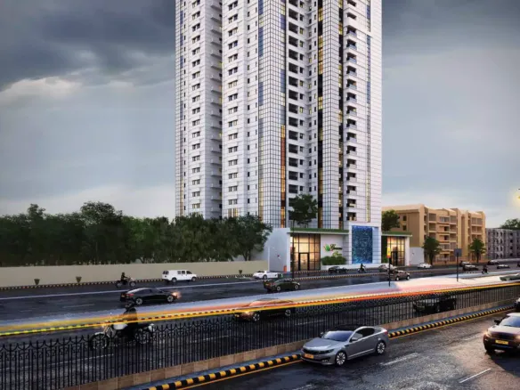 Modern 4 Bed Apartments High-Rise In Greens Three Clifton, Tall White Tower With Glass Facade, Trees, Entrance And Urban Stre