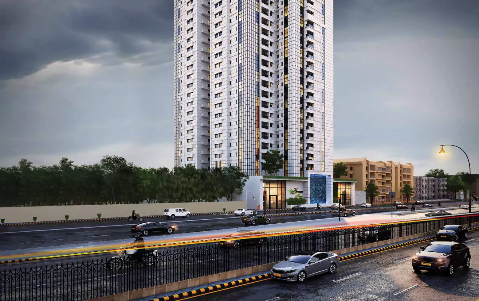 Modern 4 bed apartments high-rise in Greens Three Clifton, tall white tower with glass facade, trees, entrance and urban stre
