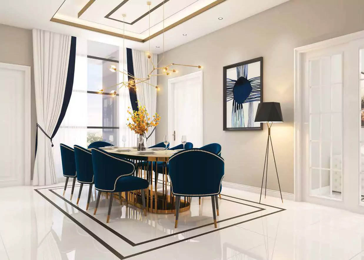 Modern 4 Bed Apartments For Sale In Greens Three Clifton – MaxX Capitals (2) Elegant dining room in modern 4 bed apartment at Greens Three Clifton with navy velvet chairs, gold chandelier, large windows