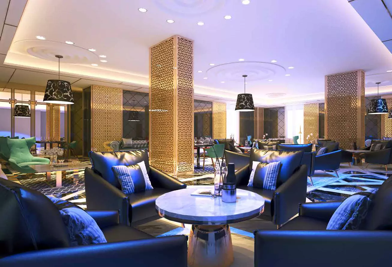 Modern 4 Bed Apartments For Sale In Greens Three Clifton – MaxX Capitals (3) Luxurious lobby with gold lattice pillars, blue velvet armchairs, green accents, marble table, pendant lights in Greens Three