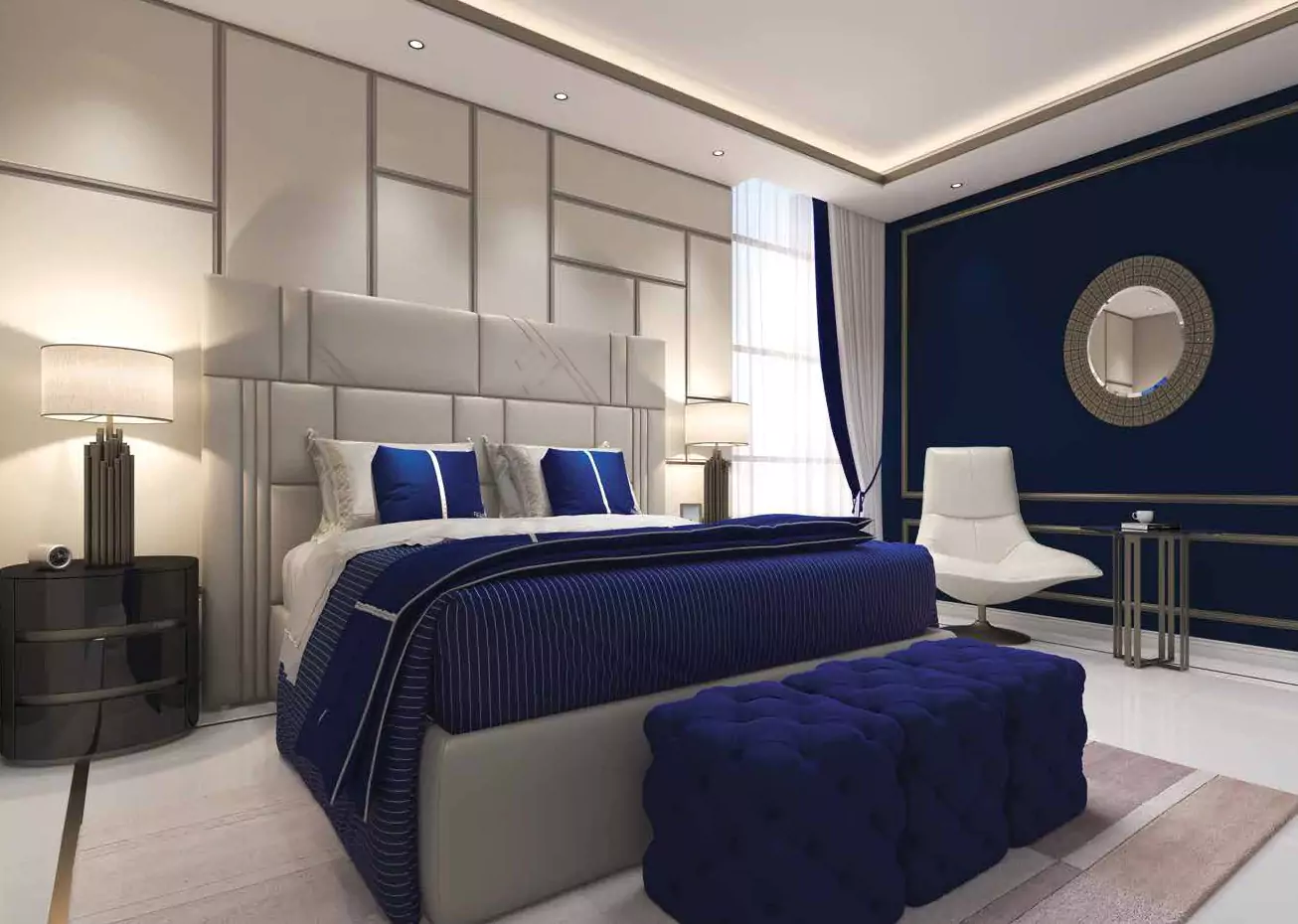 Modern 4 Bed Apartments For Sale In Greens Three Clifton – MaxX Capitals (4) Spacious master bedroom in modern 4 bed apartments Greens Three Clifton with king bed, navy accent wall, white paneling, acce