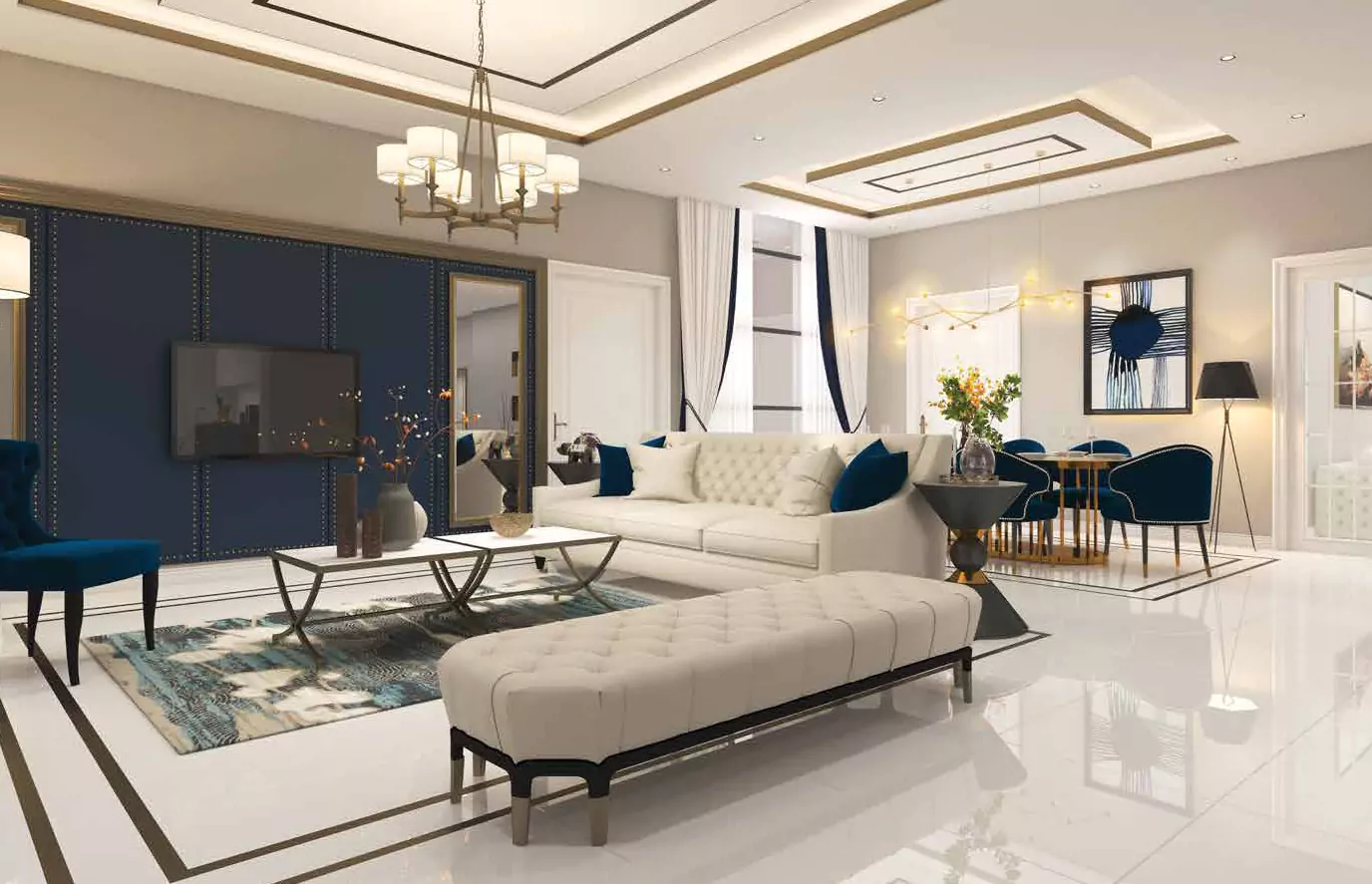Modern 4 Bed Apartments For Sale In Greens Three Clifton – MaxX Capitals (5) Spacious modern living and dining area in 4 bed apartment at Greens Three Clifton with white L-shaped sofa, blue accent wall,
