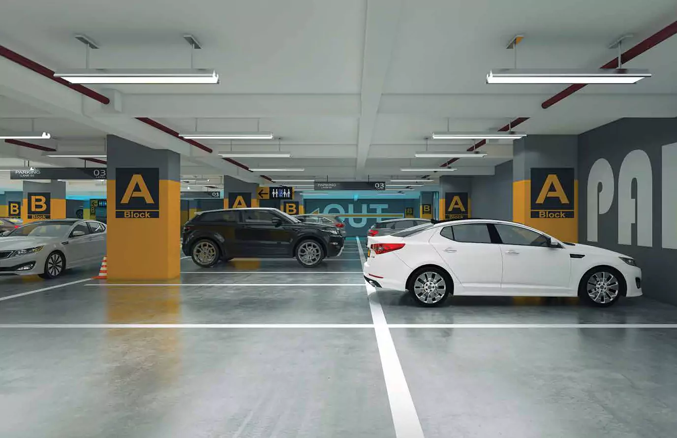 Modern 4 Bed Apartments For Sale In Greens Three Clifton – MaxX Capitals (6) Spacious parking garage in Greens Three Clifton 4 bed apartments with parked sedans, SUV, yellow A B markers, and exit signag