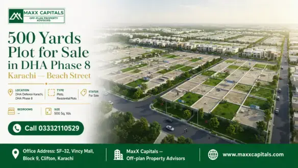 Aerial View Of A Developed 500-Yard Plot Area With Paved Roads, Greenery, And Modern Infrastructure In Dha Phase 8, Karachi.