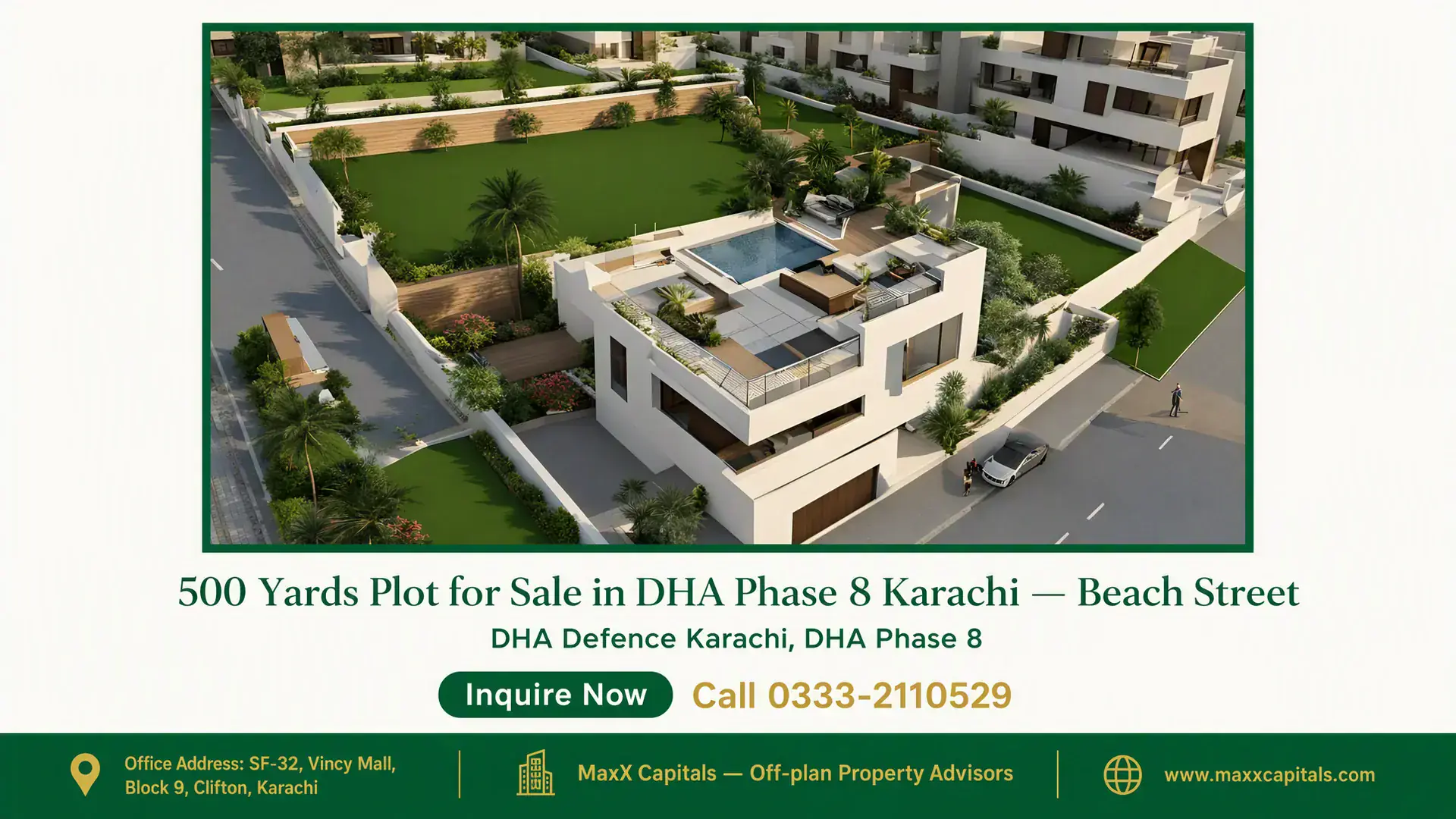 500 Yards Plot for Sale in DHA Phase 8 Karachi — Beach Street Modern villa with rooftop pool, landscaped gardens, and spacious 500 yards plot in DHA Phase 8 Karachi.