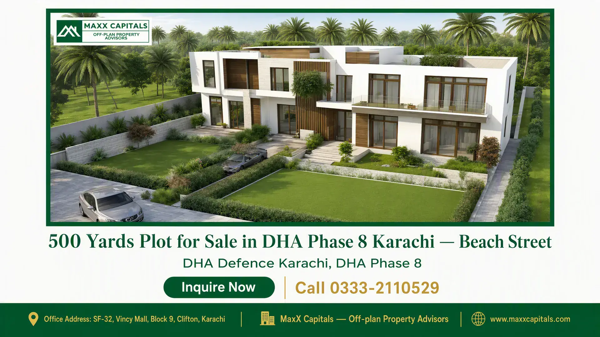 500 Yards Plot for Sale in DHA Phase 8 Karachi — Beach Street Modern two-story villa with large windows, manicured lawn, and surrounding greenery in DHA Phase 8 Karachi.