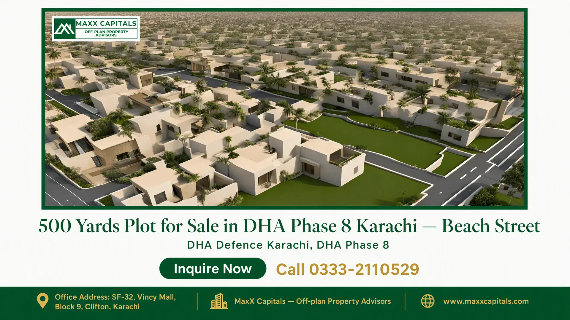 500 Yards Plot for Sale in DHA Phase 8 Karachi — Beach Street Aerial view of modern residential villas with landscaped greenery in DHA Phase 8 Karachi, offering 500 yards plots for sale.