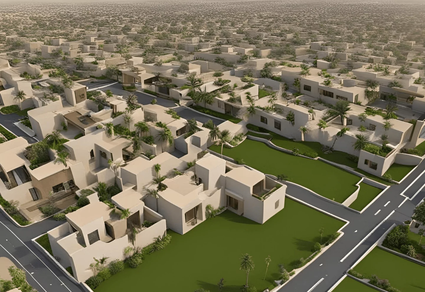 500 Square Yards Plot for Sale in Beach Street 3 of DHA Phase 8 Karachi (1) Aerial view of modern villas, landscaped plots with palm trees and green lawns in Beach Street DHA Phase 8