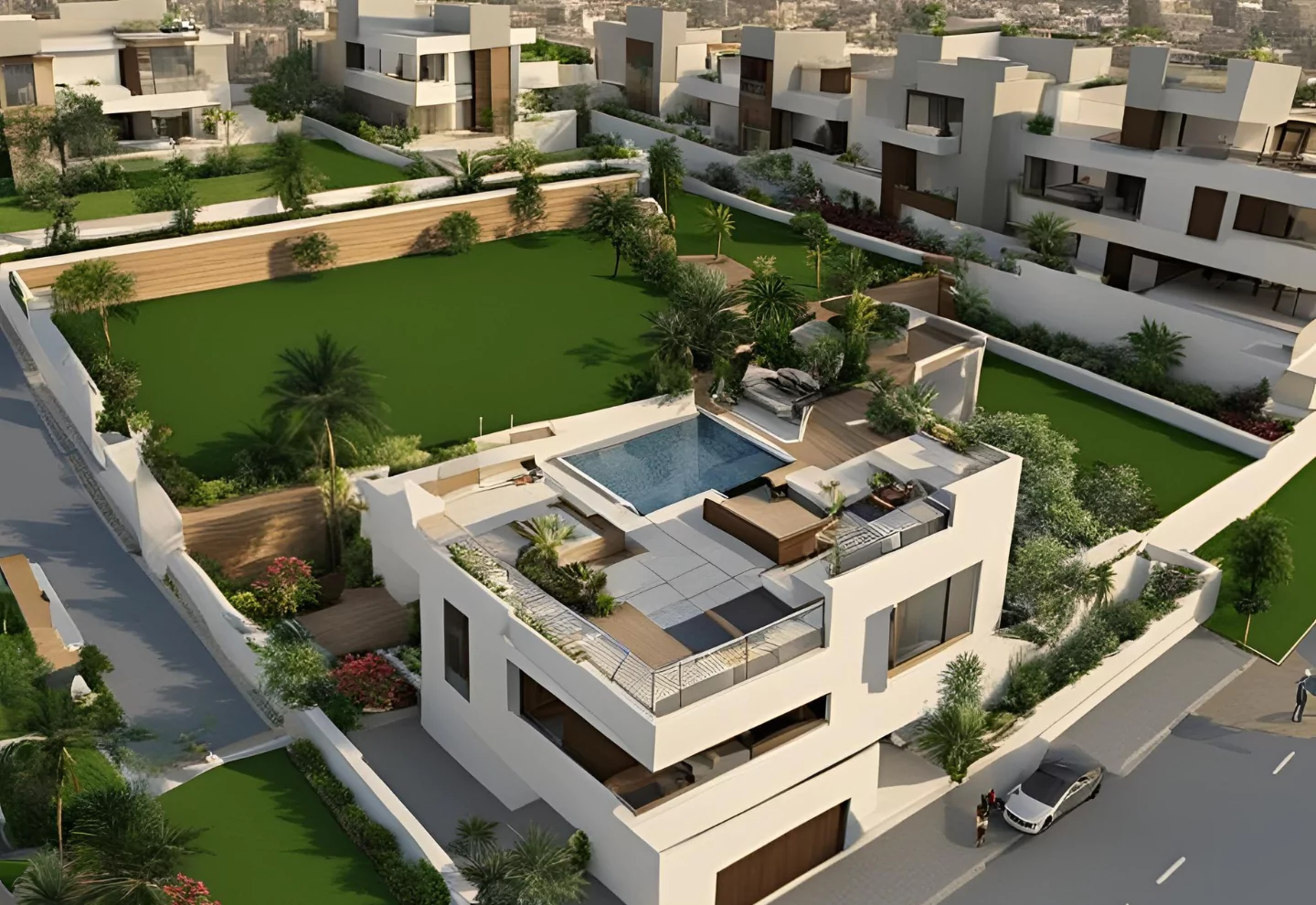 500 Square Yards Plot for Sale in Beach Street 3 of DHA Phase 8 Karachi (2) Aerial view of modern white villa with rooftop infinity pool, landscaped green lawns, palm trees, and boundary walls on 500 s
