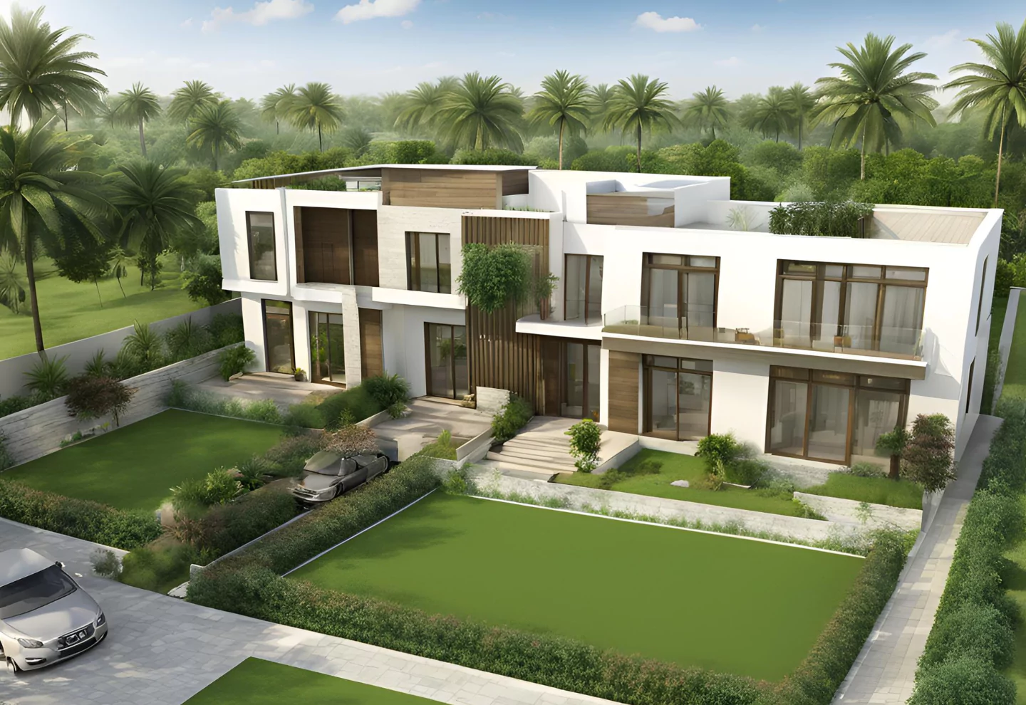 500 Square Yards Plot for Sale in Beach Street 3 of DHA Phase 8 Karachi (3) Modern white villa on 500 square yards plot in Beach Street DHA Phase 8, with large glass windows, landscaped green lawns, pa