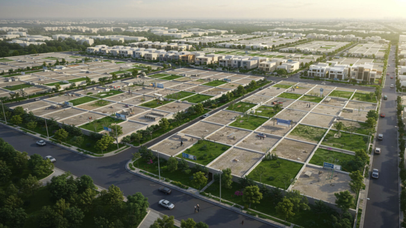 Aerial View Of Residential Plots, Modern Homes, Green Spaces, And Tree-Lined Streets In Beach Street Dha Phase 8