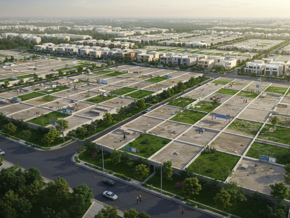 Aerial View Of Residential Plots, Modern Homes, Green Spaces, And Tree-Lined Streets In Beach Street Dha Phase 8