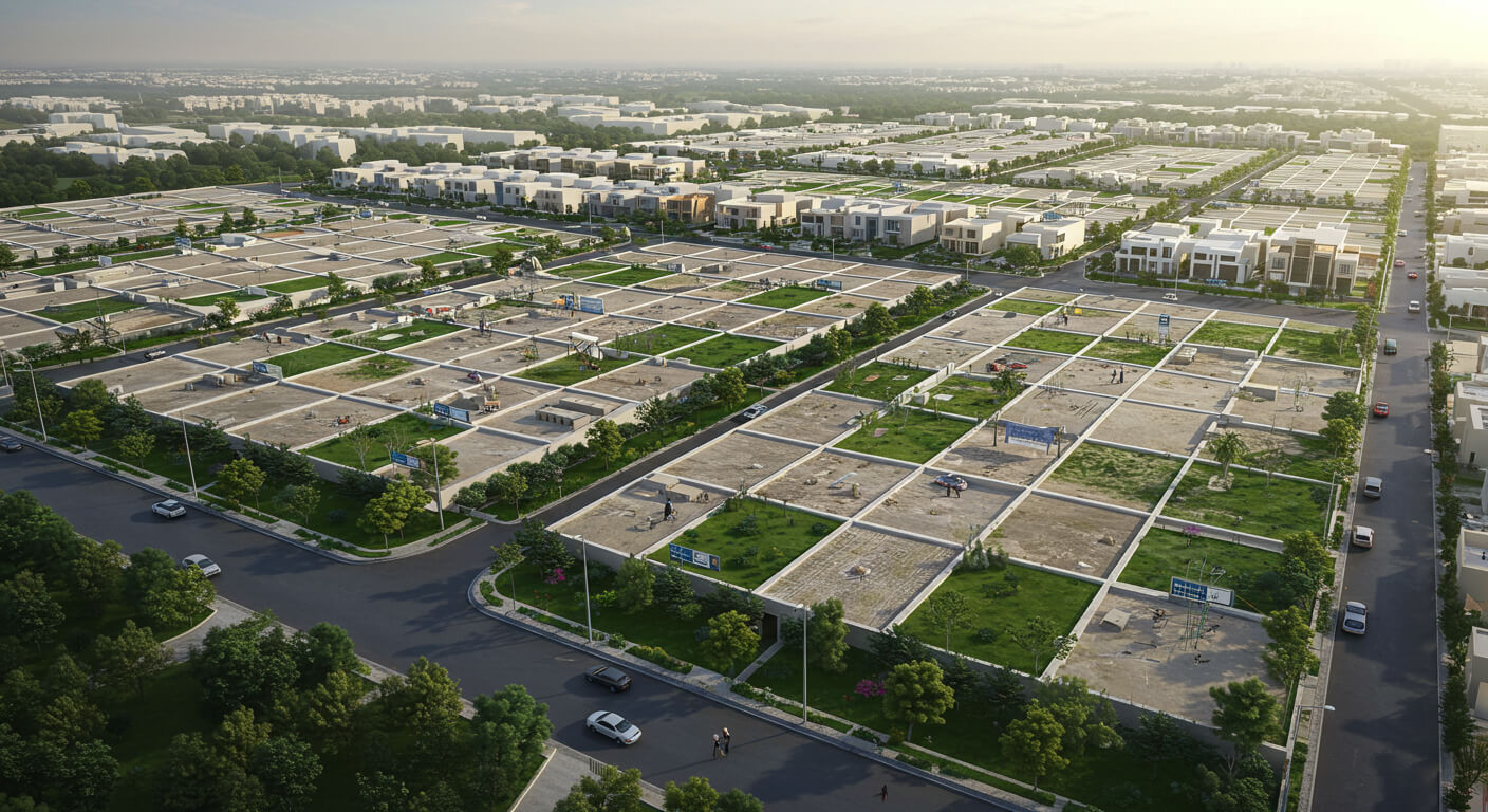 Aerial view of residential plots, modern homes, green spaces, and tree-lined streets in Beach Street DHA Phase 8