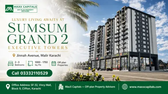 Modern High-Rise Residential Towers Of Sumsum Grand 2 With Commercial Outlets At The Base And Palm Trees In The Foreground.