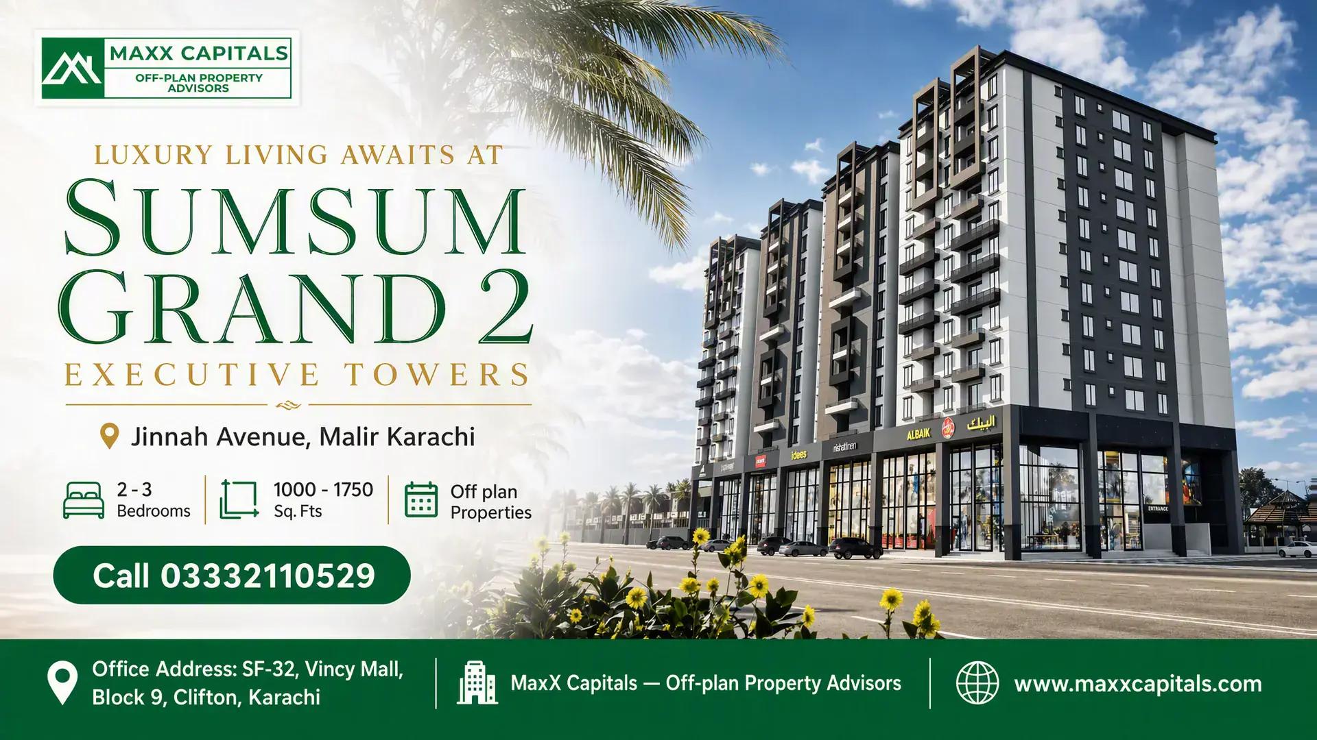 Luxury Living Awaits at Sumsum Grand 2 Executive Towers Modern high-rise residential towers of Sumsum Grand 2 with commercial outlets at the base and palm trees in the foreground.