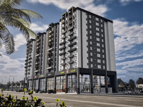Sumsum Grand 2 Executive Towers Exterior With Sleek Black And White Facade, Multiple Balconies, Ground-Floor Glass Retail Spa