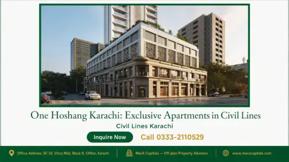 Corner view of One Hoshang Karachi, showcasing modern architecture with ornate facade and rooftop greenery in Civil Lines.