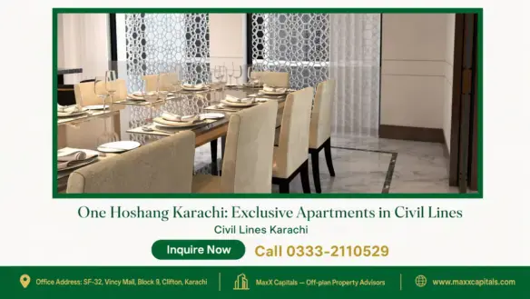 Elegant dining area with a glass-top table, plush upholstered chairs, and geometric room dividers at One Hoshang Karachi.