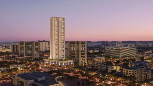 One Hoshang Karachi Tower In Civil Lines At Dusk, Modern High-Rise Amid City Skyline With Lights And Palm Trees