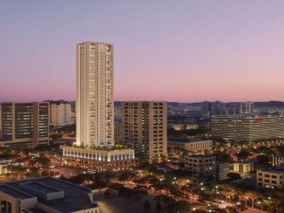 One Hoshang Karachi Tower In Civil Lines At Dusk, Modern High-Rise Amid City Skyline With Lights And Palm Trees