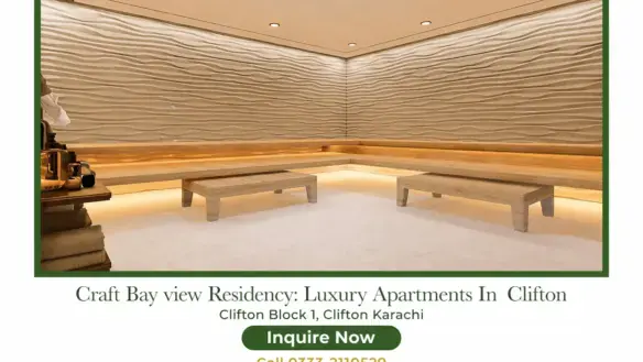 MaxX Capitals: Craft Bay View Residency Clifton luxury apartment sauna room with wood benches and wavy wall panels