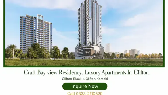 MaxX Capitals rendering of Craft Bay View Residency towers in Clifton Karachi with landscaped foreground