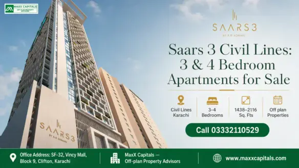 Saars 3 Civil Lines Apartments, Modern High-Rise With Grid-Like Facade, Greenery And Urban Skyline In Karachi.