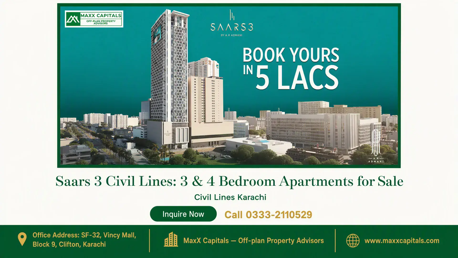 Saars 3 Civil Lines: 3 & 4 Bedroom Apartments for Sale Saars 3 Civil Lines, a high-rise luxury apartment building surrounded by lush greenery in Karachi's urban setting.