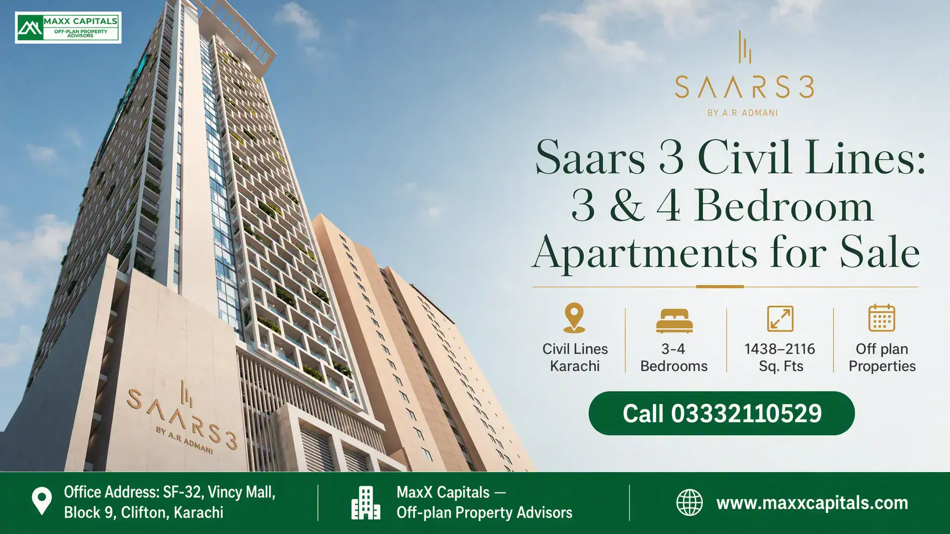 Saars 3 Civil Lines: 3 & 4 Bedroom Apartments for Sale Saars 3 Civil Lines apartments, modern high-rise with grid-like facade, greenery and urban skyline in Karachi.