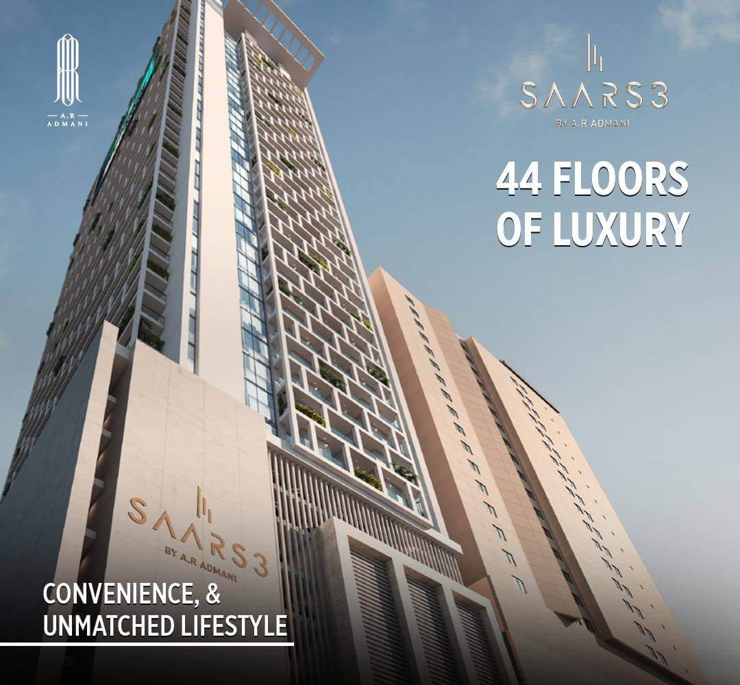 Luxury 3-4 Bedroom Apartments for Sale in Saars 3 Civil Lines Karachi (2) Saars 3 Civil Lines high-rise with 44 floors, modern glass facade, balconies, and Saars 3 branding