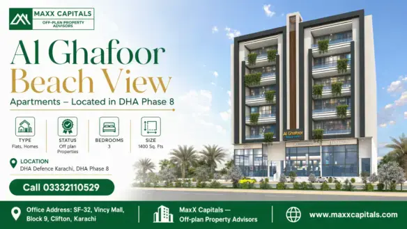Modern Multi-Story Al Ghafoor Beach View Apartment Complex In Dha Phase 8 With Lush Greenery And Ground-Level Retail Spaces.